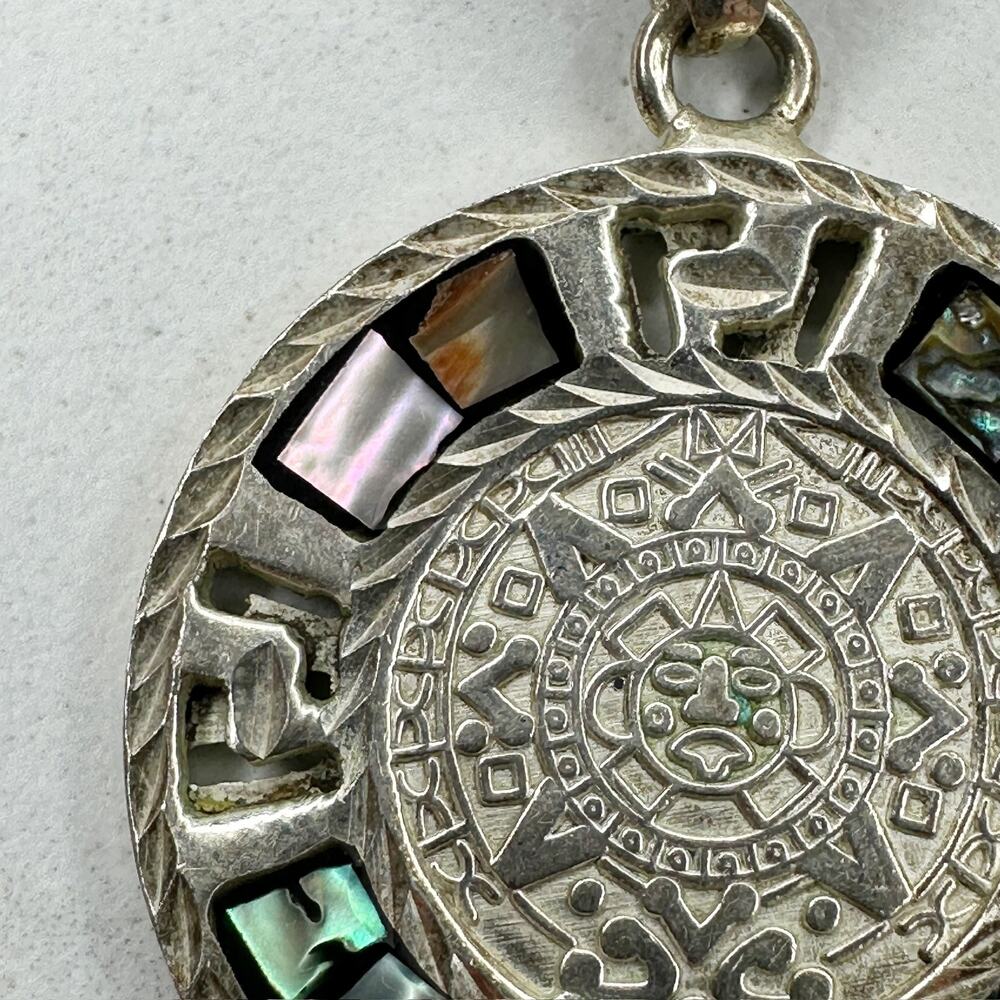 Vintage Sterling Silver 925 Reversible Mayan Calendar Inlay Pendant ✨ - Picture 10 of 12